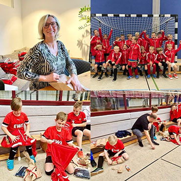 Collage von Bildern, wie die Fußballkinder ihre Trainingsanzüge auspacken